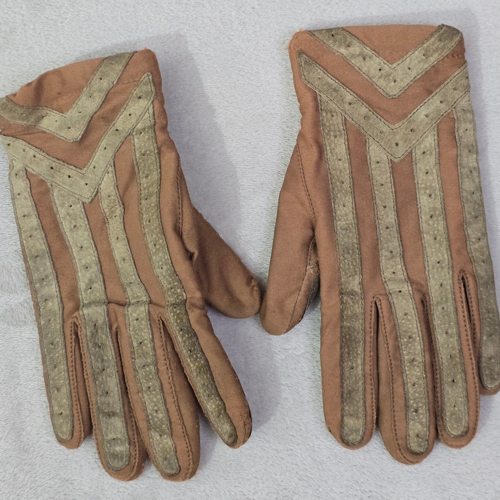 Vintage Isotoner Women's Tan‎ Gloves Large Wool Trim Driving Gloves